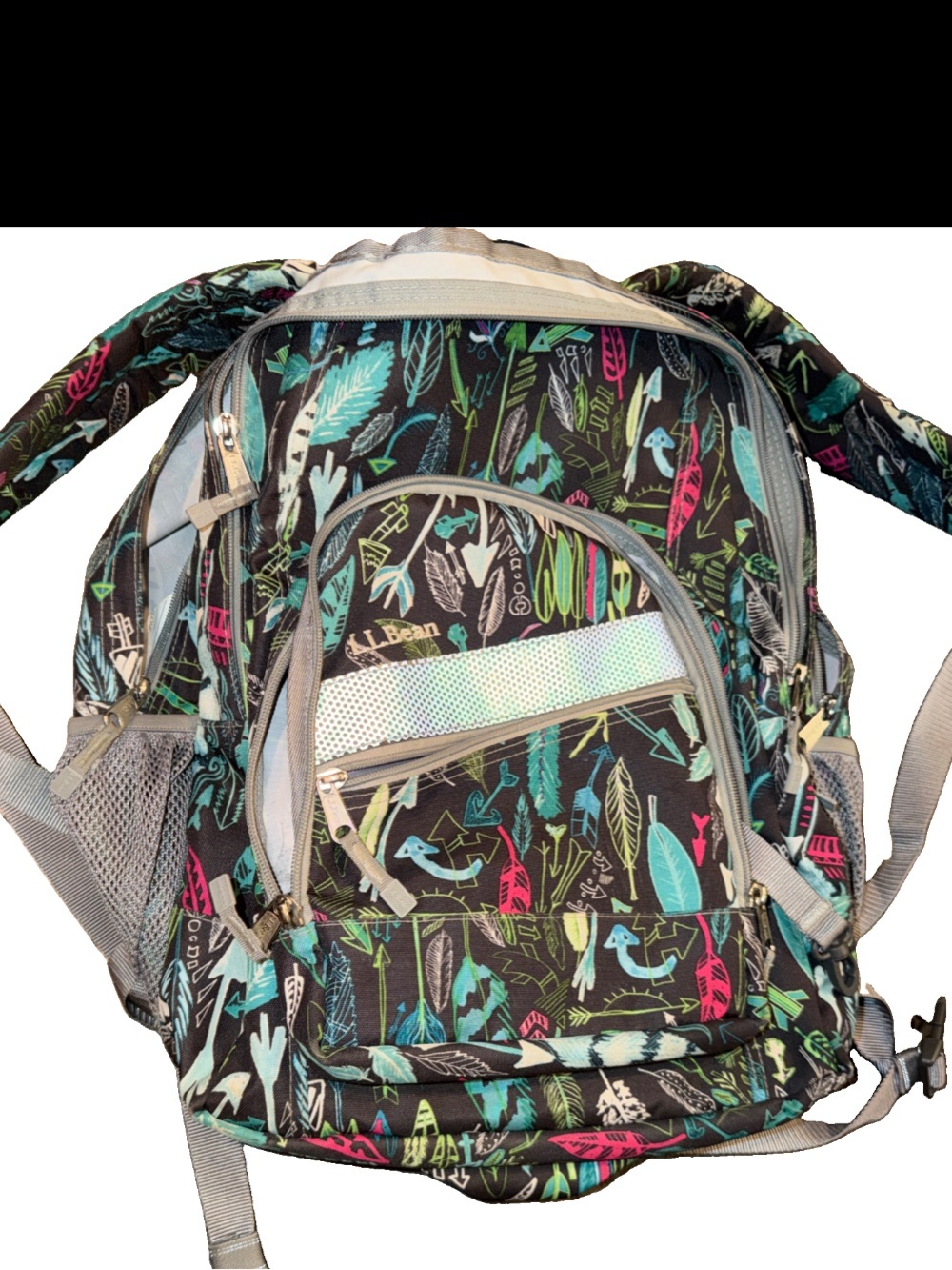 LL Bean Feathers Arrows Gray Backpack Pink Blue Multi Pocket Full Sized, School